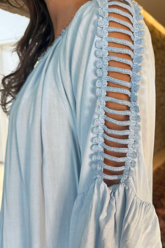 Made in Italy Menorcan Crochet Shoulder Dress Powder